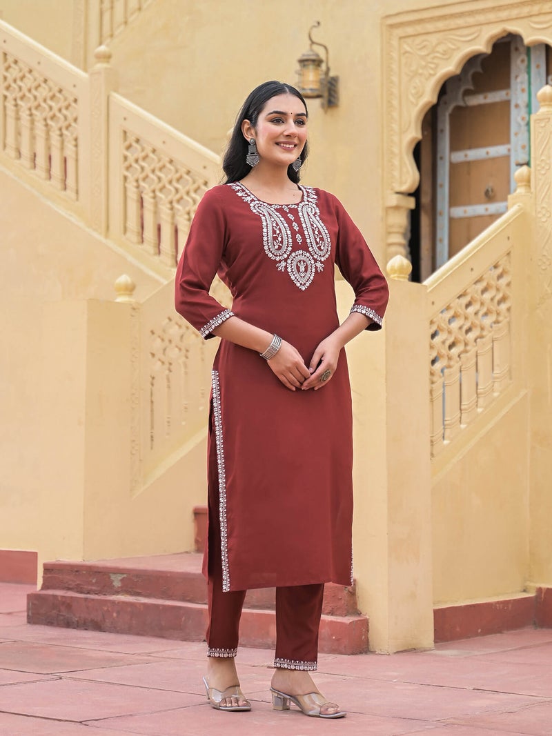 Shifory Maroon Embroidered Kurti Pant Set for Women - Image 4